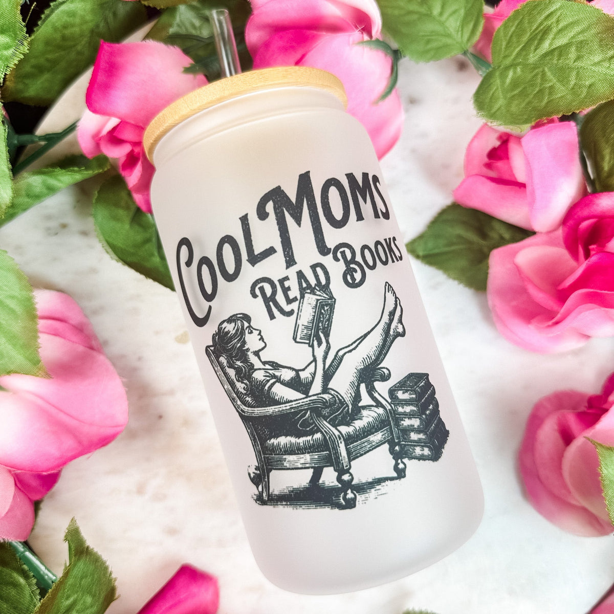 Cool Moms Read Books Frosted Glass Cup with Bamboo Lid & Straw - Starry Skies Austin