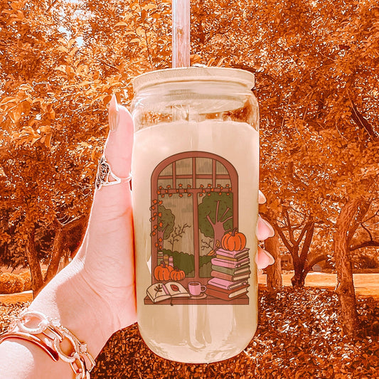 Cozy Autumn Reading Nook Clear Glass Cup with Bamboo Lid & Straw - Starry Skies Austin