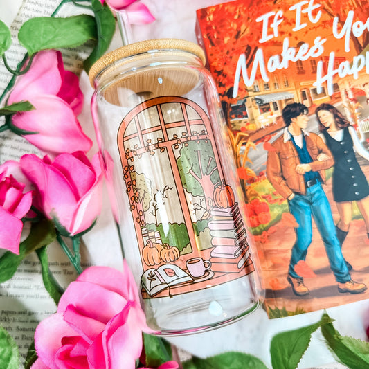 Cozy Autumn Reading Nook Clear Glass Cup with Bamboo Lid & Straw - Starry Skies Austin
