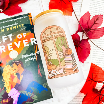 Cozy Autumn Reading Nook Frosted Glass Cup with Bamboo Lid & Straw - Starry Skies Austin