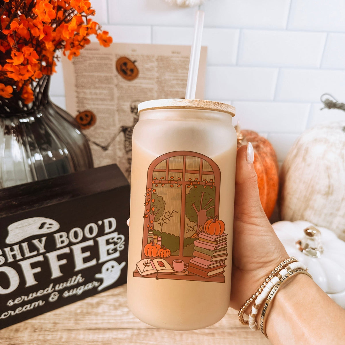 Cozy Autumn Reading Nook Frosted Glass Cup with Bamboo Lid & Straw - Starry Skies Austin