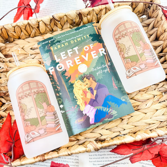 Cozy Autumn Reading Nook Frosted Glass Cup with Bamboo Lid & Straw - Starry Skies Austin