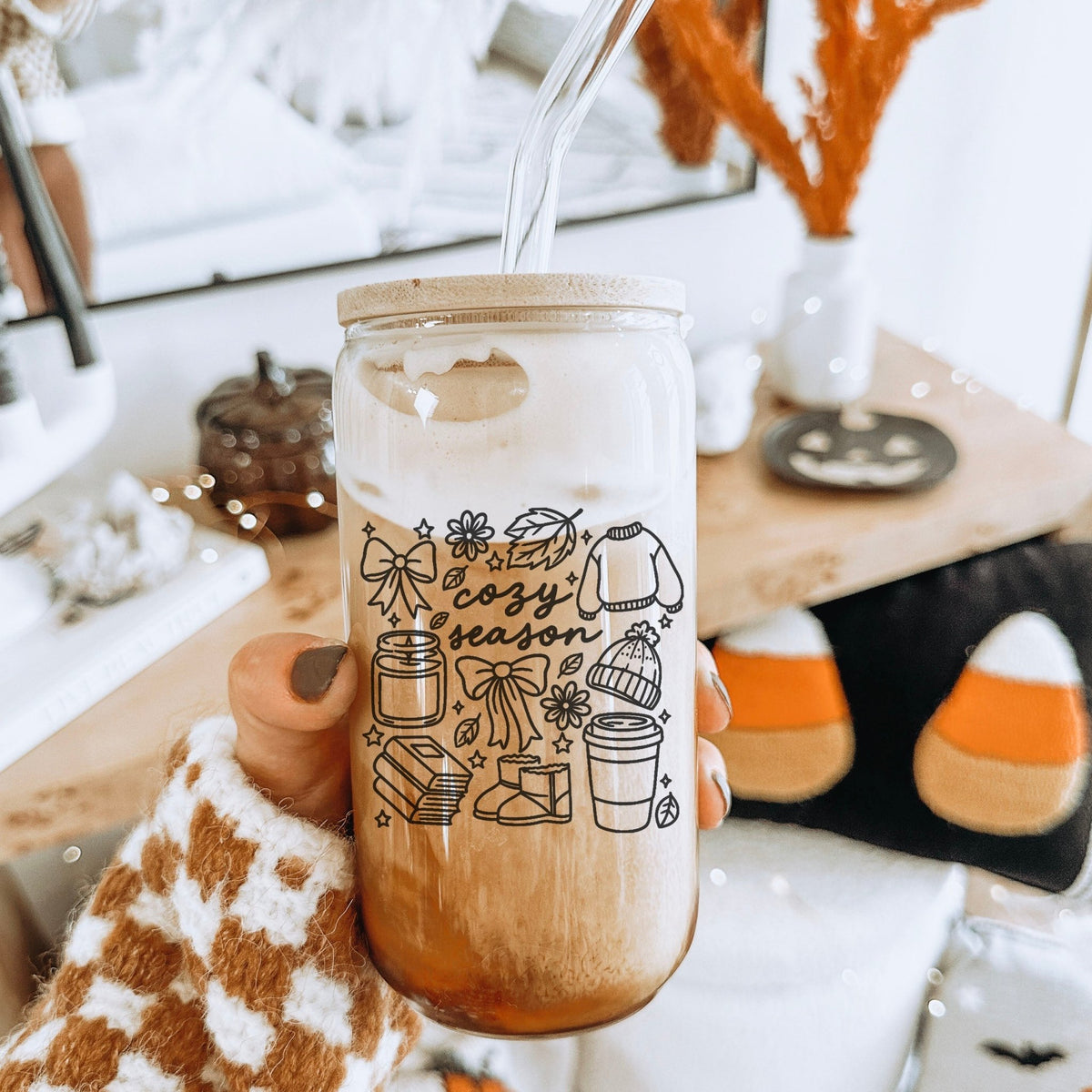 Cozy Season Clear Glass Cup with Bamboo Lid & Straw - Starry Skies Austin