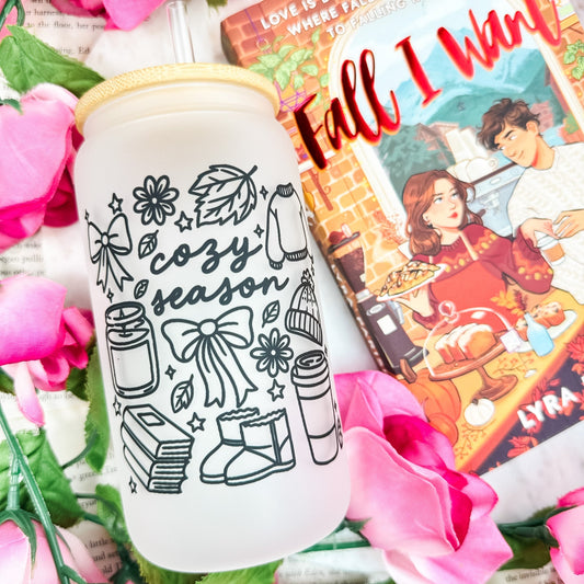 Cozy Season Frosted Glass Cup with Bamboo Lid & Straw - Starry Skies Austin