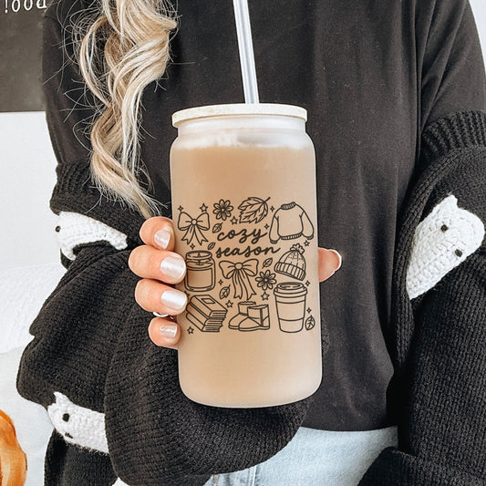 Cozy Season Frosted Glass Cup with Bamboo Lid & Straw - Starry Skies Austin