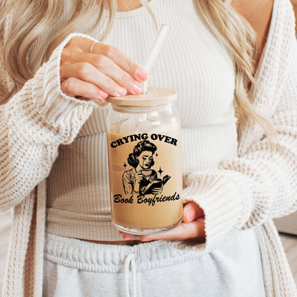 Crying Over Book Boyfriend Glass Cup, Mug & Tumbler with Lid and Straw - Starry Skies Austin
