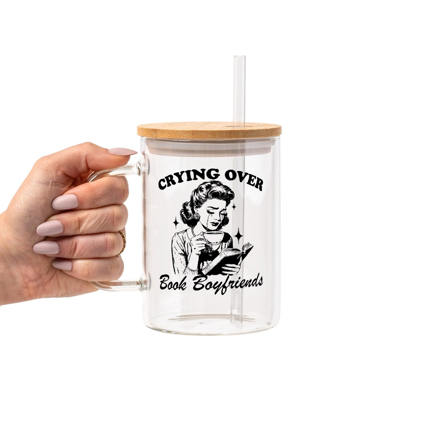 Crying Over Book Boyfriend Glass Cup, Mug & Tumbler with Lid and Straw - Starry Skies Austin