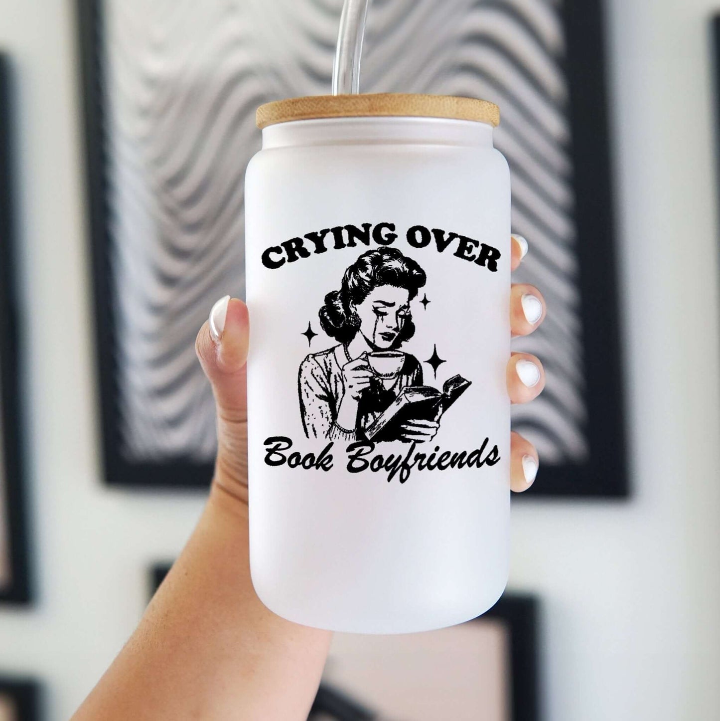 Crying Over Book Boyfriend Glass Cup, Mug & Tumbler with Lid and Straw - Starry Skies Austin