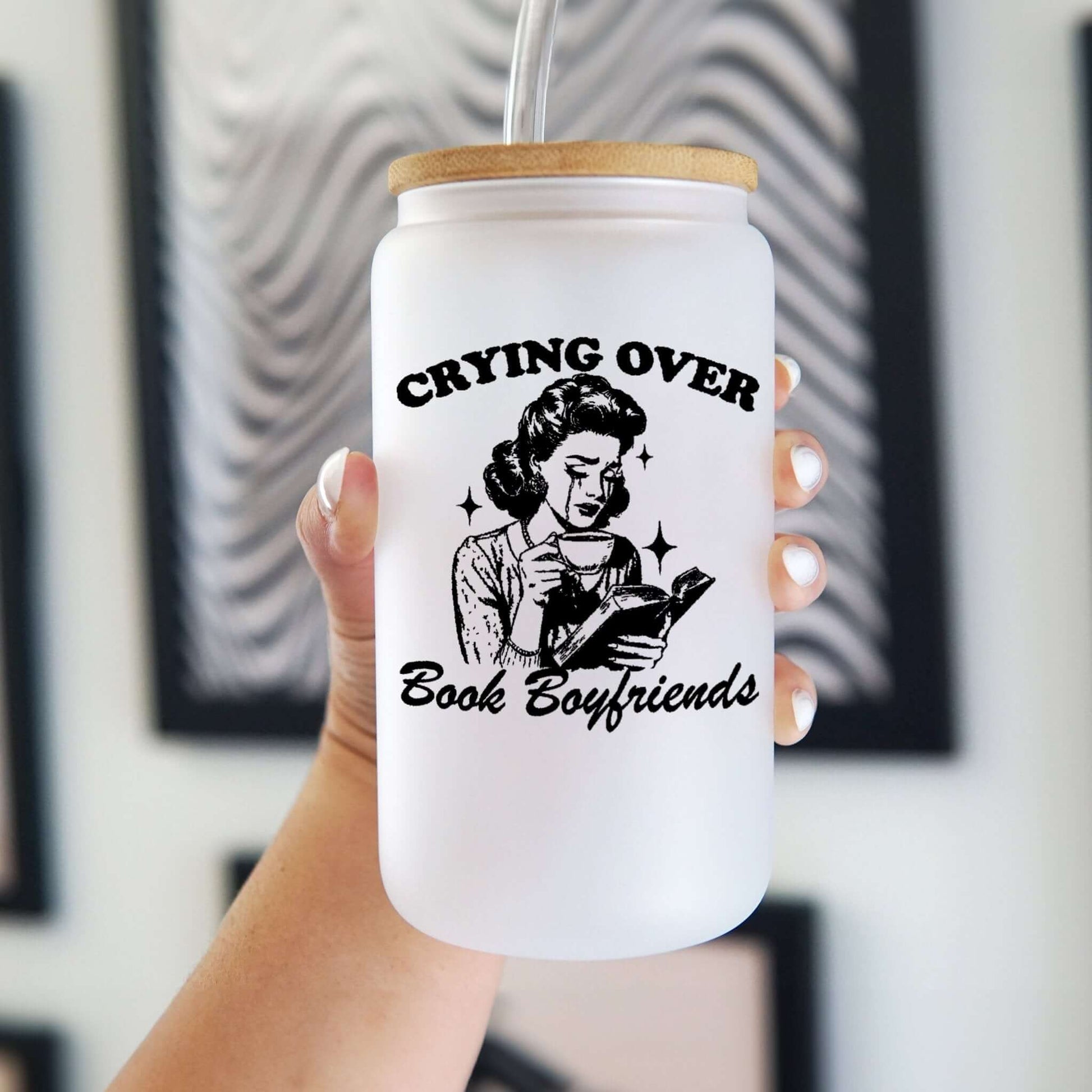 Crying Over Book Boyfriend Glass Cup, Mug & Tumbler with Lid and Straw - Starry Skies Austin