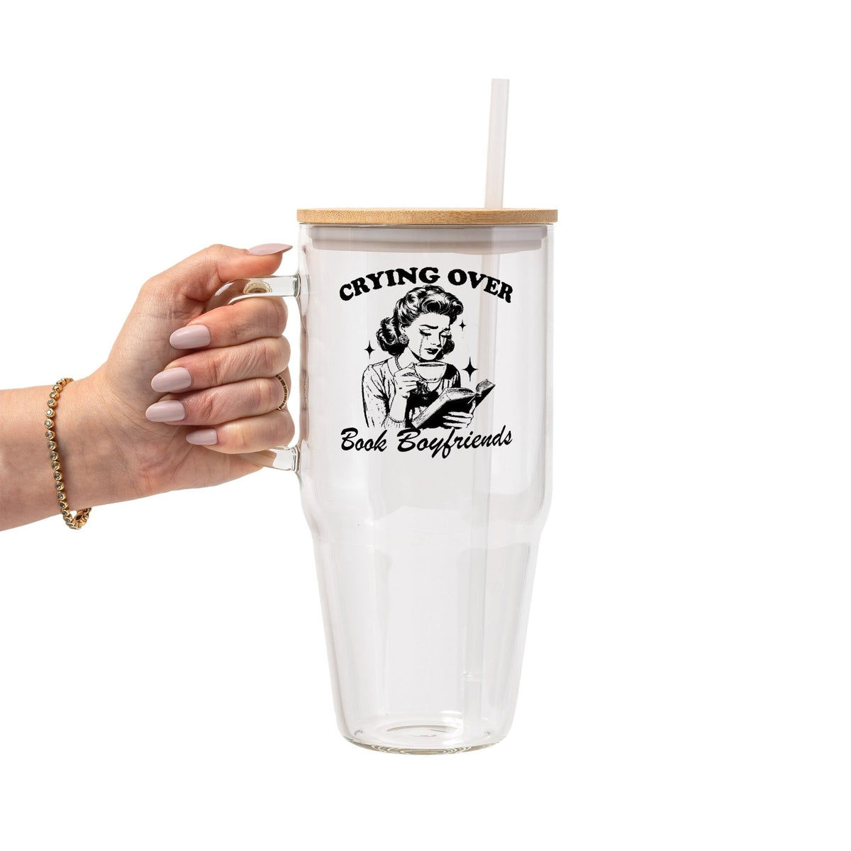 Crying Over Book Boyfriend Glass Cup, Mug & Tumbler with Lid and Straw - Starry Skies Austin