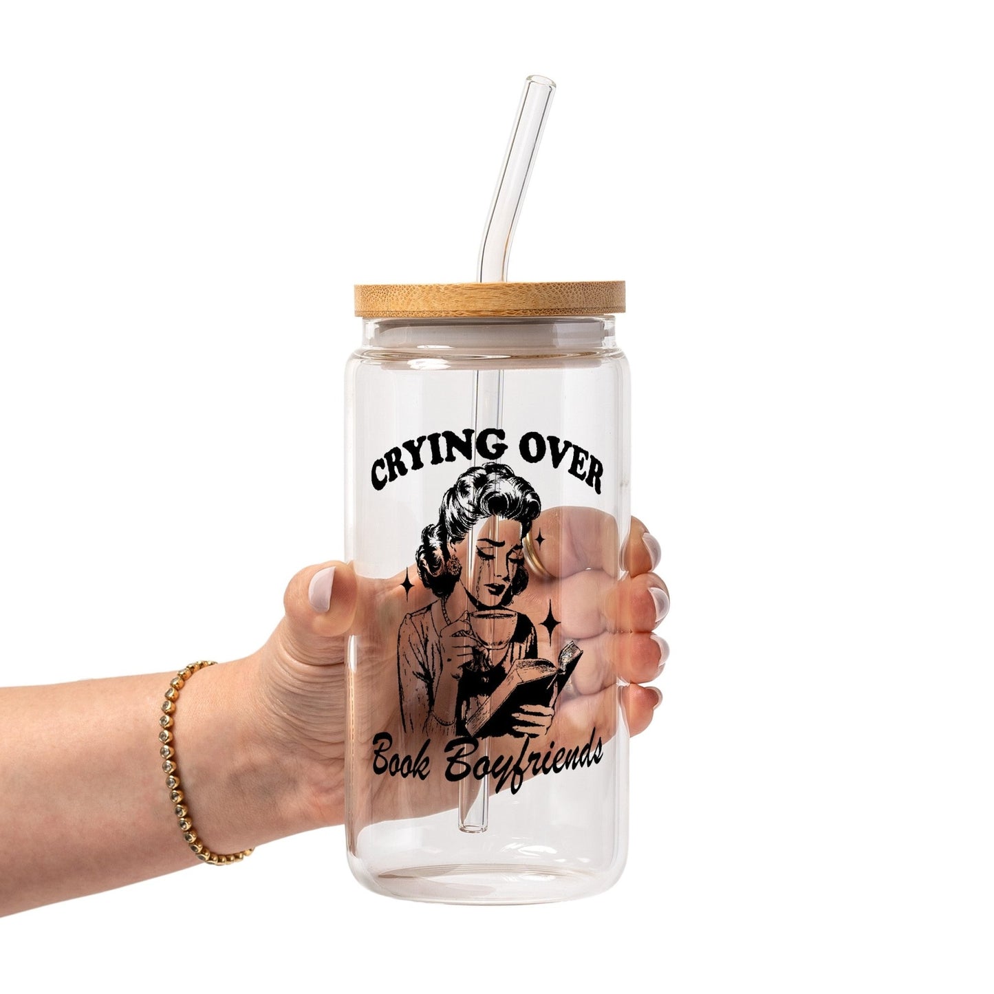 Crying Over Book Boyfriend Glass Cup, Mug & Tumbler with Lid and Straw - Starry Skies Austin