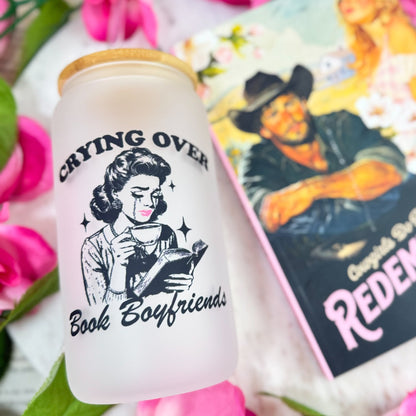 Crying Over Book Boyfriends Frosted Glass Cup with Bamboo Lid & Straw - Starry Skies Austin