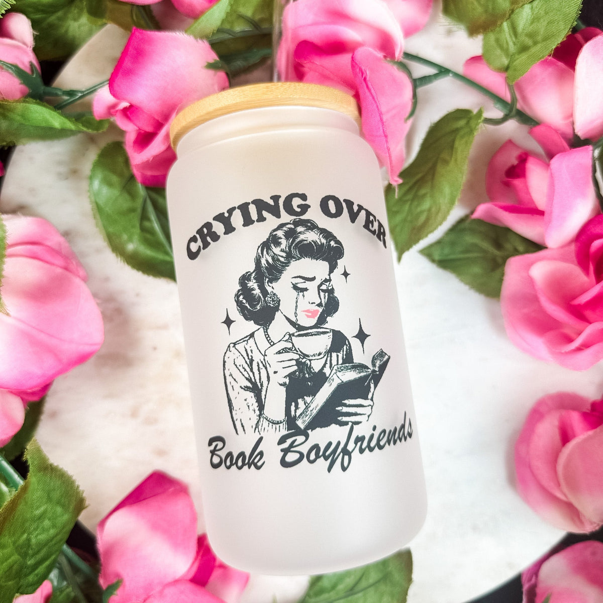 Crying Over Book Boyfriends Frosted Glass Cup with Bamboo Lid & Straw - Starry Skies Austin