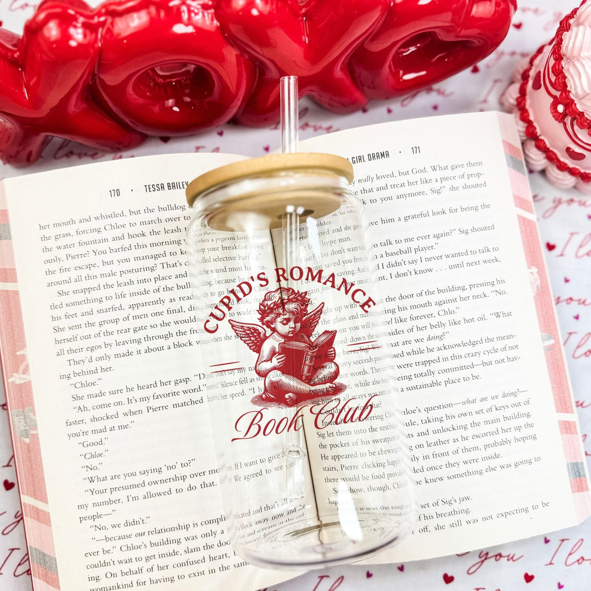 Cupid’s Romance Book Club Clear Glass Cup with Bamboo Lid and Plastic Straw - Starry Skies Austin