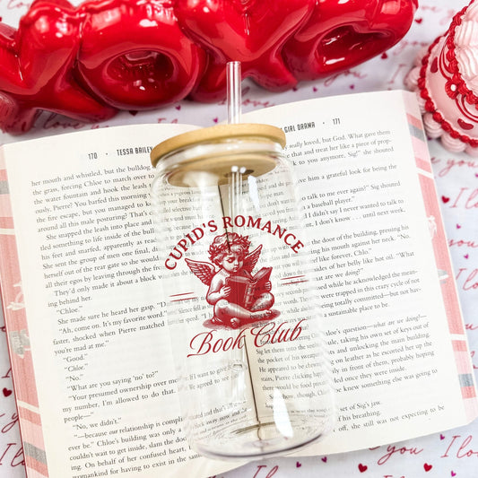Cupid’s Romance Book Club Clear Glass Cup with Bamboo Lid and Plastic Straw - Starry Skies Austin