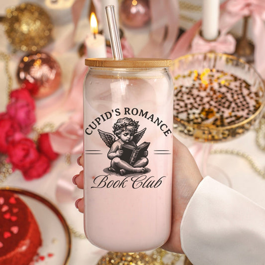 Cupid’s Romance Book Club Clear Glass Cup with Bamboo Lid and Plastic Straw - Starry Skies Austin