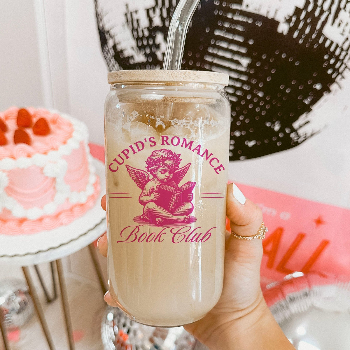 Cupid’s Romance Book Club Clear Glass Cup with Bamboo Lid and Plastic Straw - Starry Skies Austin