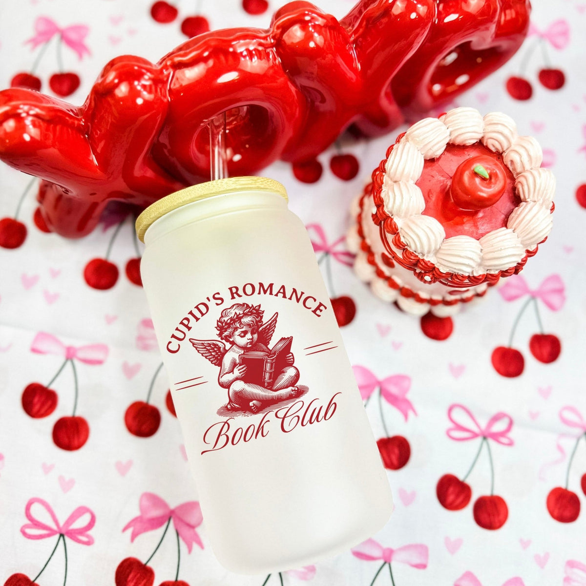 Cupid’s Romance Book Club Frosted Glass Cup with Bamboo Lid and Plastic Straw - Starry Skies Austin