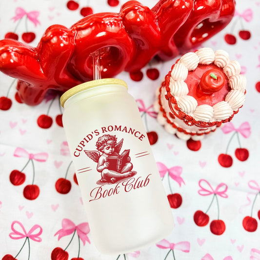 Cupid’s Romance Book Club Frosted Glass Cup with Bamboo Lid and Plastic Straw - Starry Skies Austin