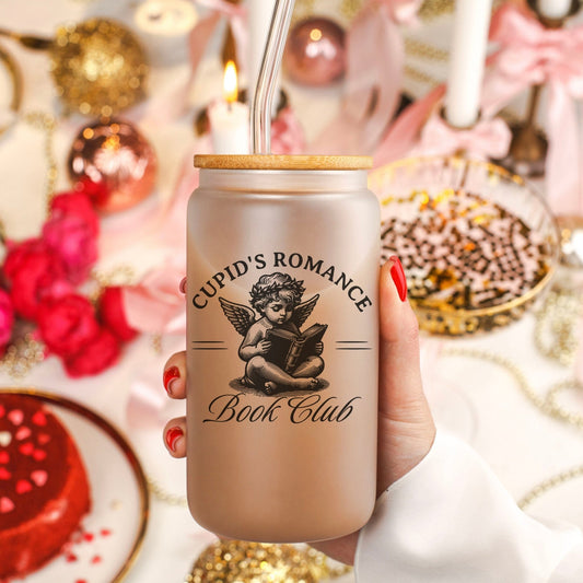 Cupid’s Romance Book Club Frosted Glass Cup with Bamboo Lid and Plastic Straw - Starry Skies Austin