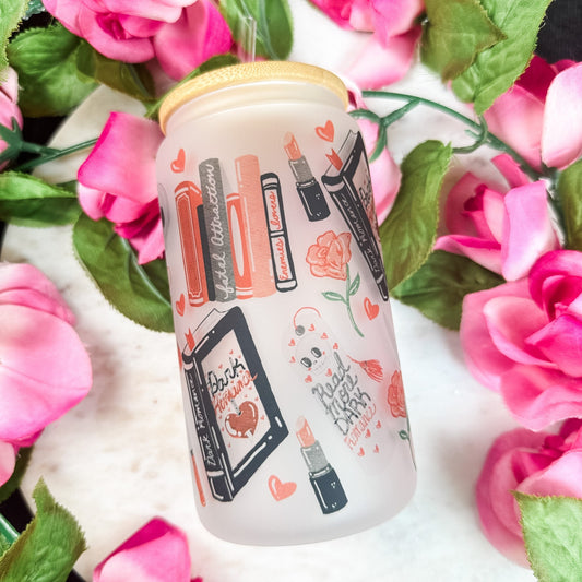 Dark Romance Girly Frosted Glass Cup with Bamboo Lid & Straw - Starry Skies Austin