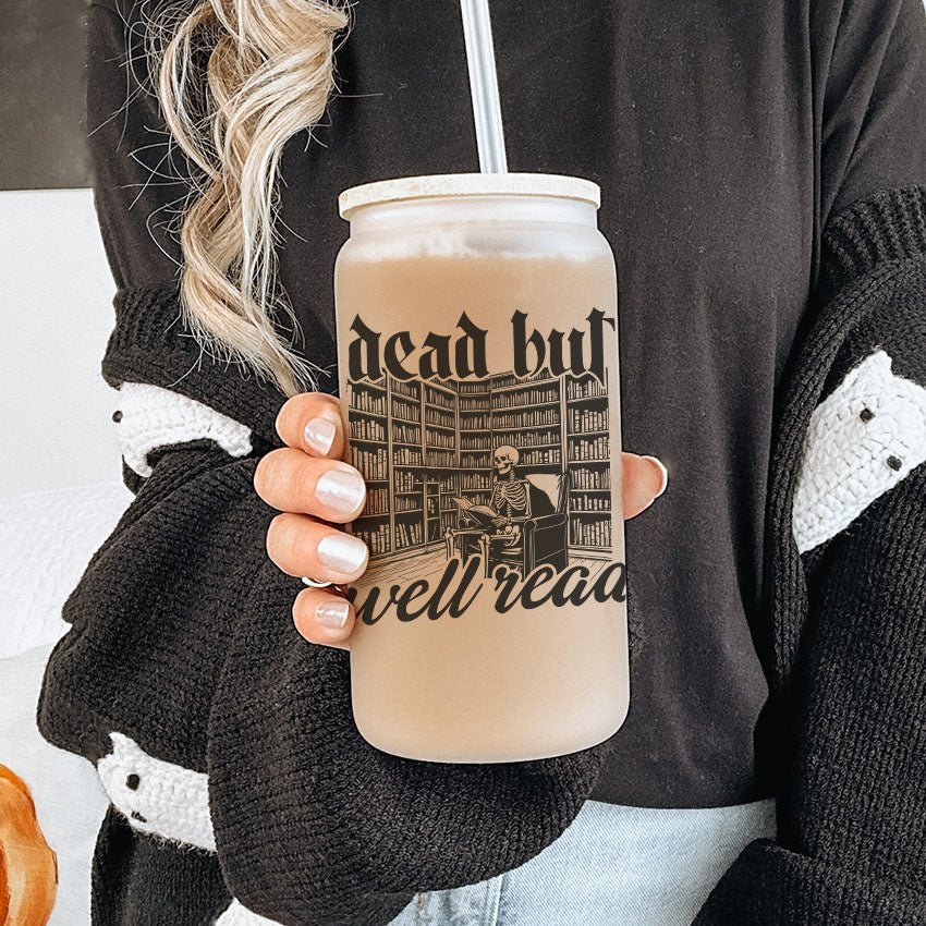 Dead But Well Read Frosted Glass Cup with Bamboo Lid & Straw - Starry Skies Austin