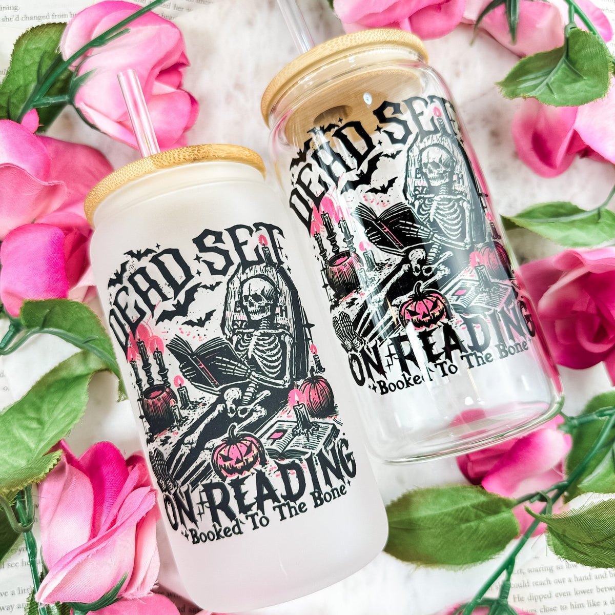 Dead Set On Reading Clear Glass Cup with Bamboo Lid & Straw - Starry Skies Austin