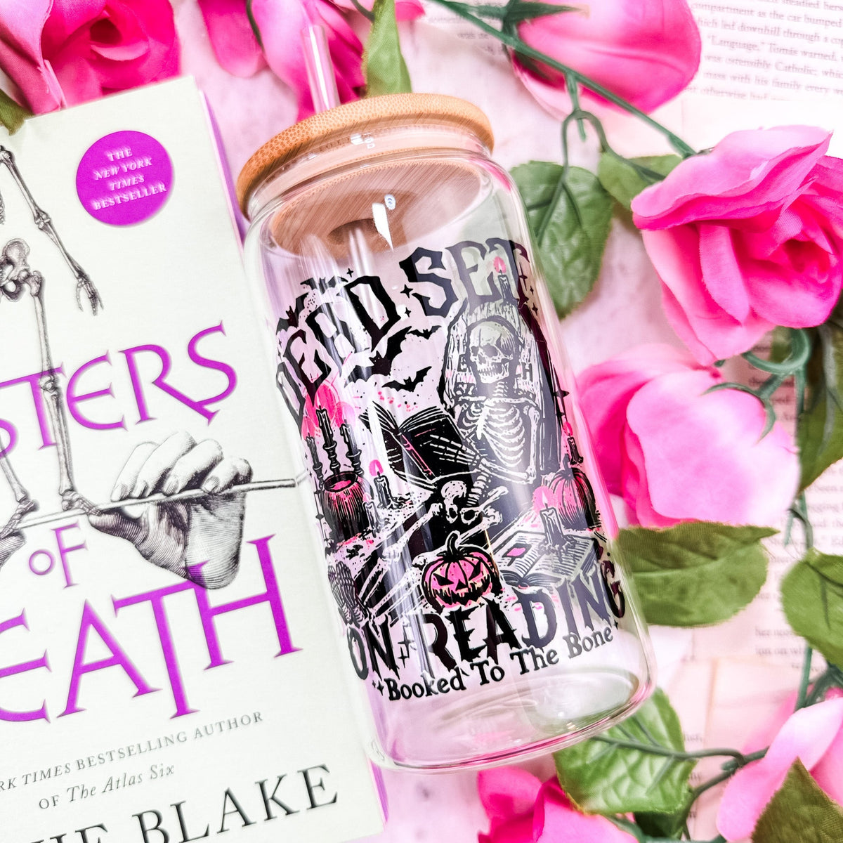 Dead Set On Reading Clear Glass Cup with Bamboo Lid & Straw - Starry Skies Austin