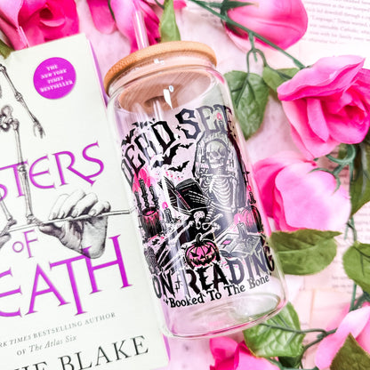 Dead Set On Reading Clear Glass Cup with Bamboo Lid & Straw - Starry Skies Austin