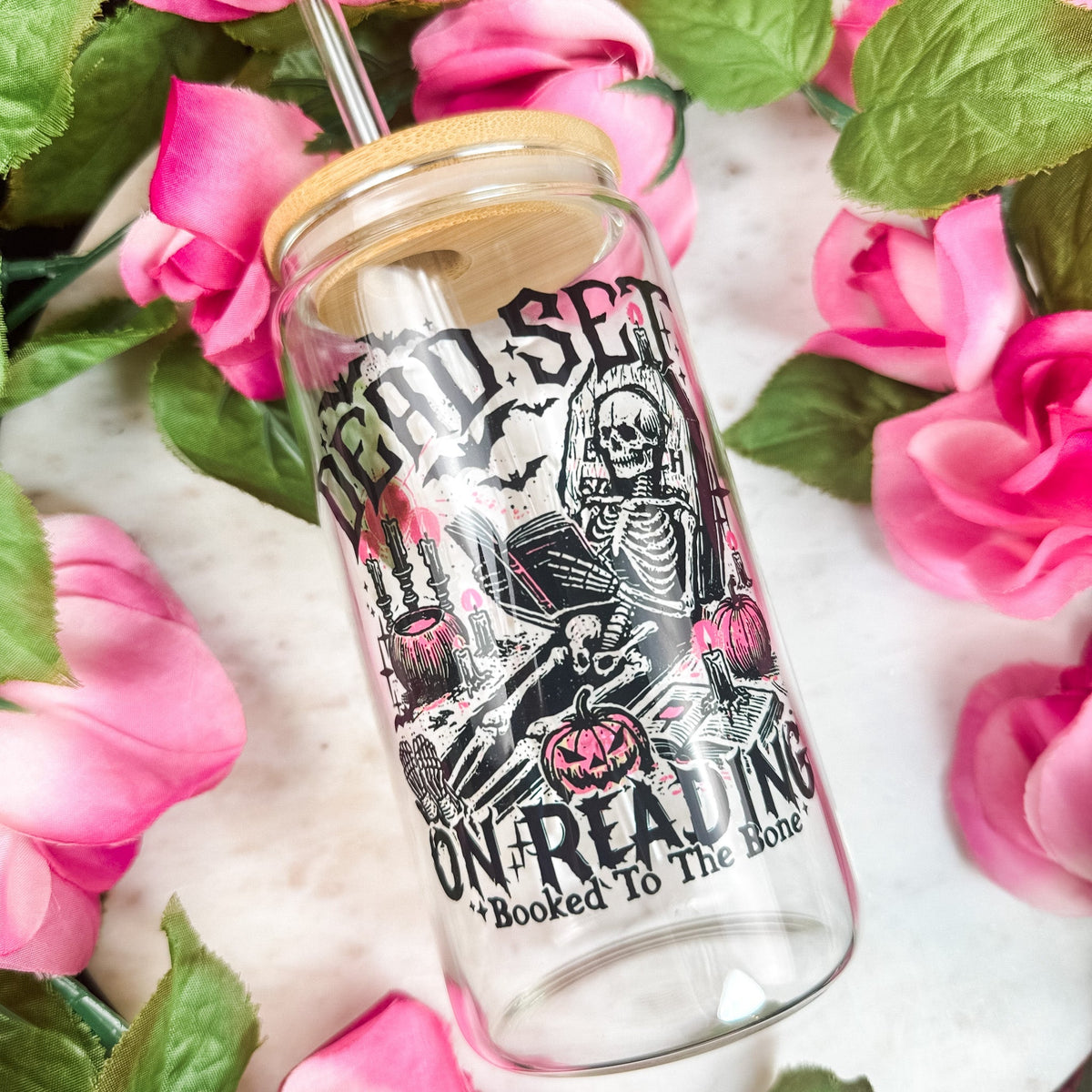 Dead Set On Reading Clear Glass Cup with Bamboo Lid & Straw - Starry Skies Austin