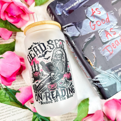 Dead Set On Reading Frosted Glass Cup with Bamboo Lid & Straw - Starry Skies Austin