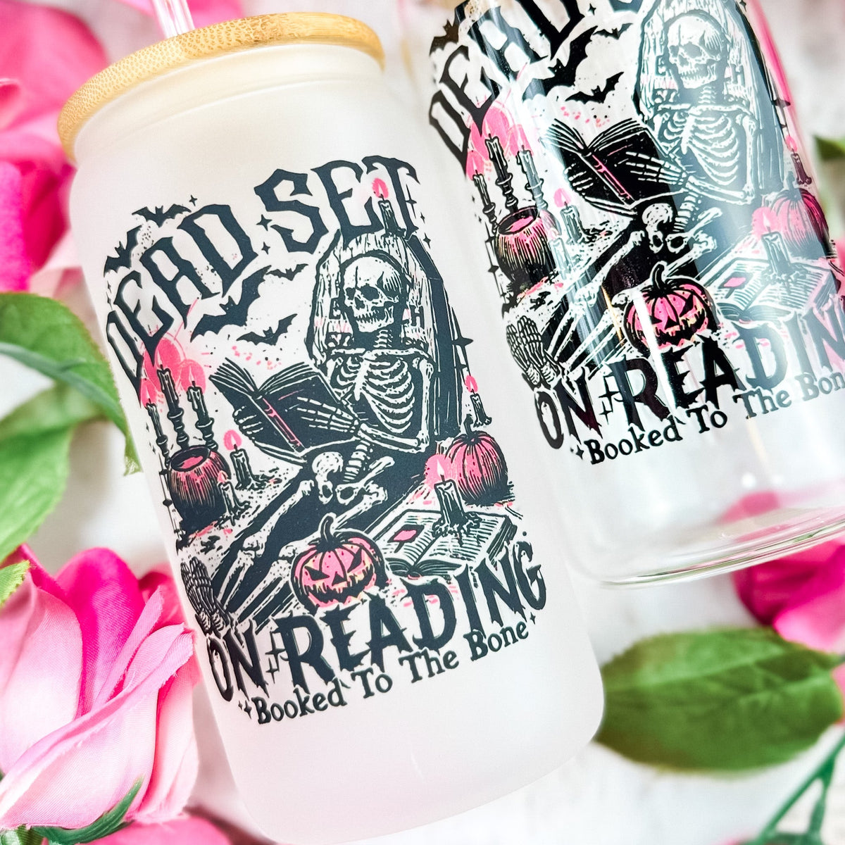 Dead Set On Reading Frosted Glass Cup with Bamboo Lid & Straw - Starry Skies Austin