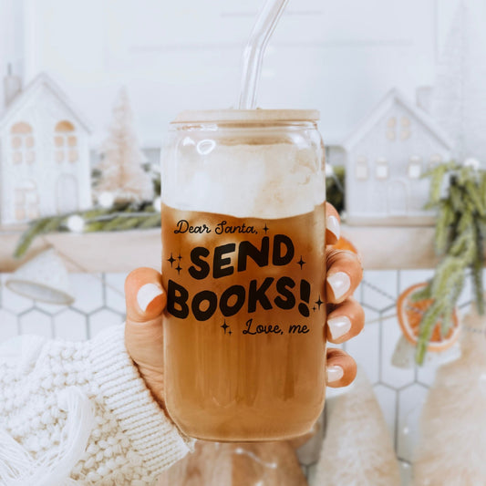 Dear Santa, Send Books! Clear Glass Cup with Bamboo Lid & Straw - Starry Skies Austin
