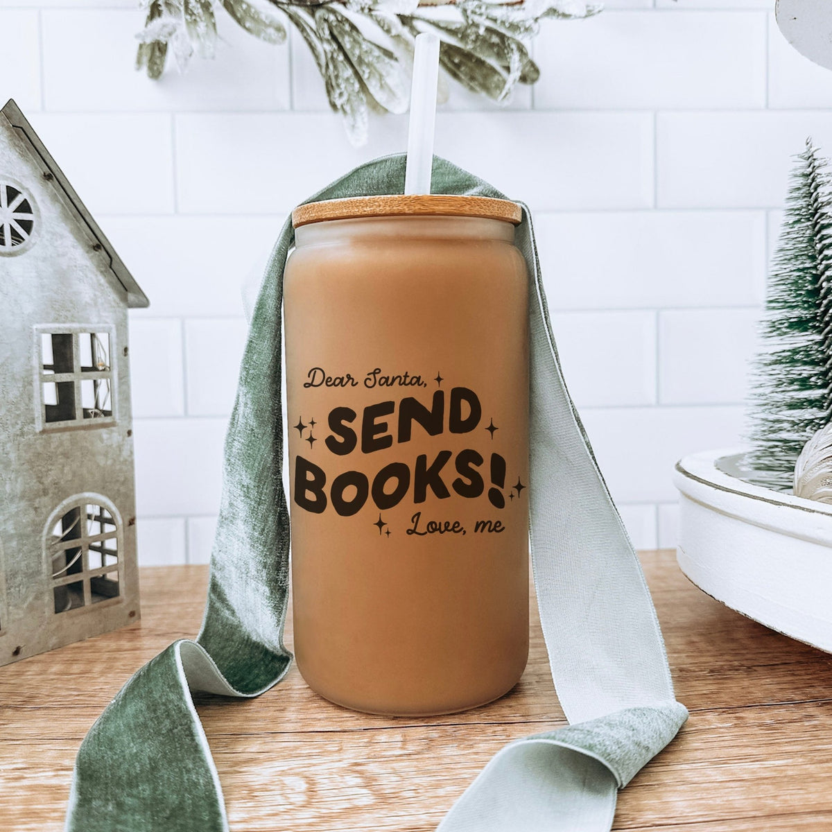 Dear Santa, Send Books! Frosted Glass Cup w/Bamboo Lid & Straw - Starry Skies Austin