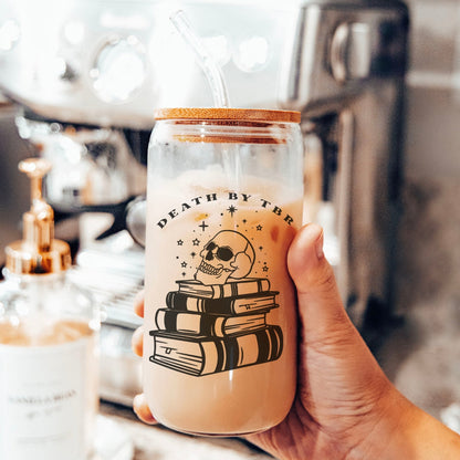 Death by TBR Clear Glass Cup with Bamboo Lid & Straw - Starry Skies Austin