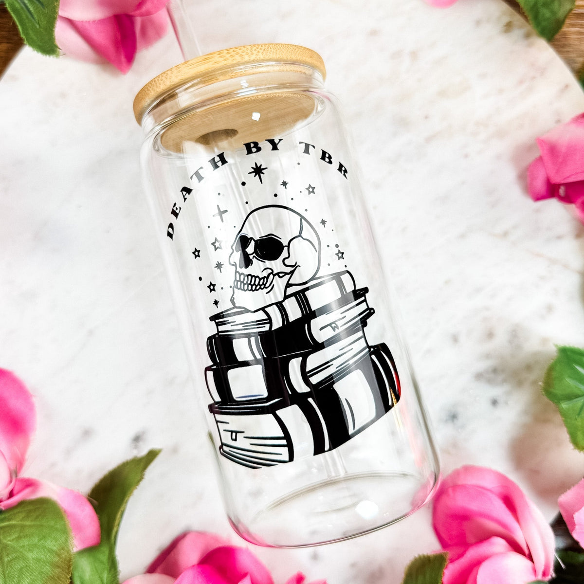 Death by TBR Clear Glass Cup with Bamboo Lid & Straw - Starry Skies Austin