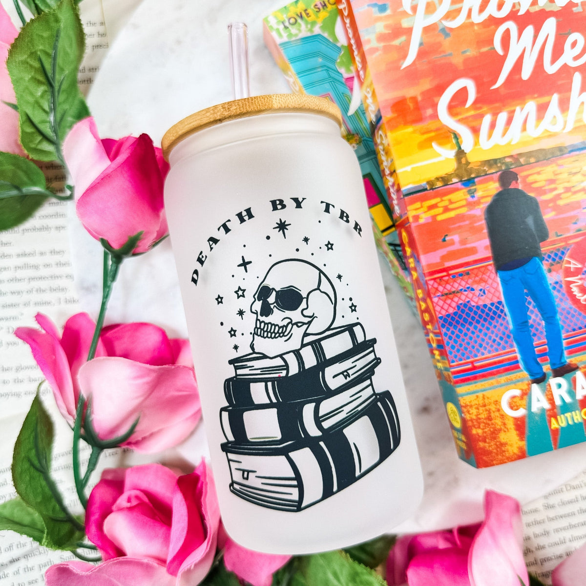 Death by TBR Frosted Glass Cup with Bamboo Lid & Straw - Starry Skies Austin