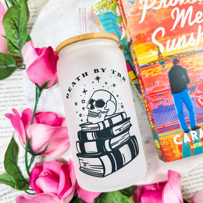 Death by TBR Frosted Glass Cup with Bamboo Lid & Straw - Starry Skies Austin
