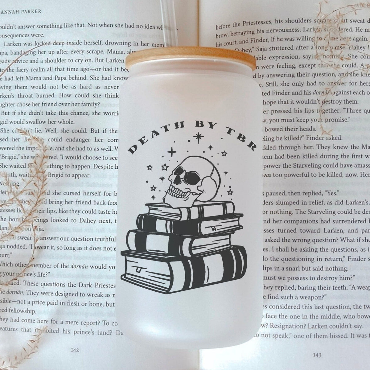Death by TBR Frosted Glass Cup with Bamboo Lid & Straw - Starry Skies Austin