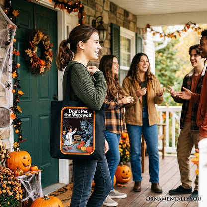 Don't Pet the Werewolf Tote Bag, Retro Funny Halloween Gift Shopper - Starry Skies Austin