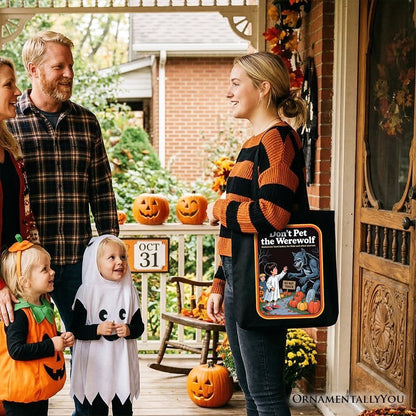 Don't Pet the Werewolf Tote Bag, Retro Funny Halloween Gift Shopper - Starry Skies Austin
