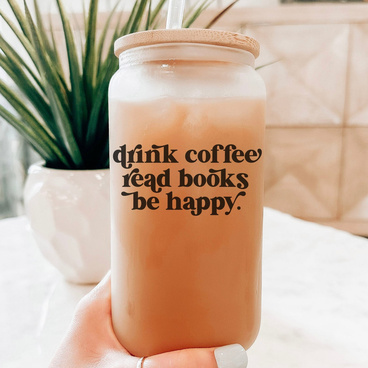 Drink Coffee Read Books Be Happy Frosted Glass Cup with Bamboo Lid & Straw - Starry Skies Austin