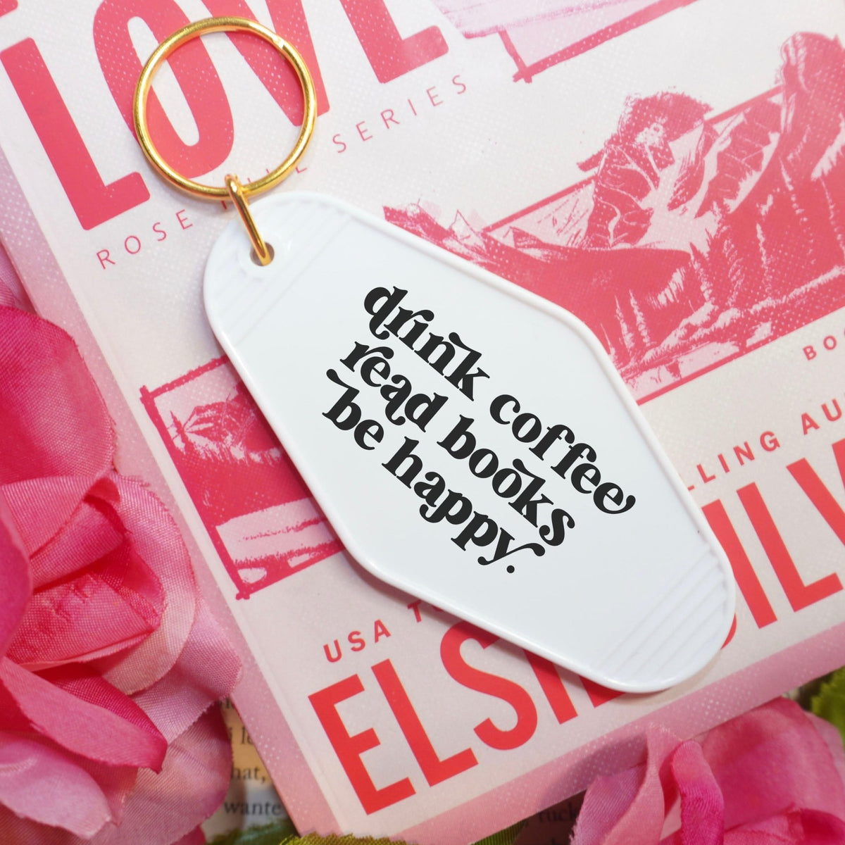 Drink Coffee Read Books Be Happy Retro Motel Keychain - Starry Skies Austin