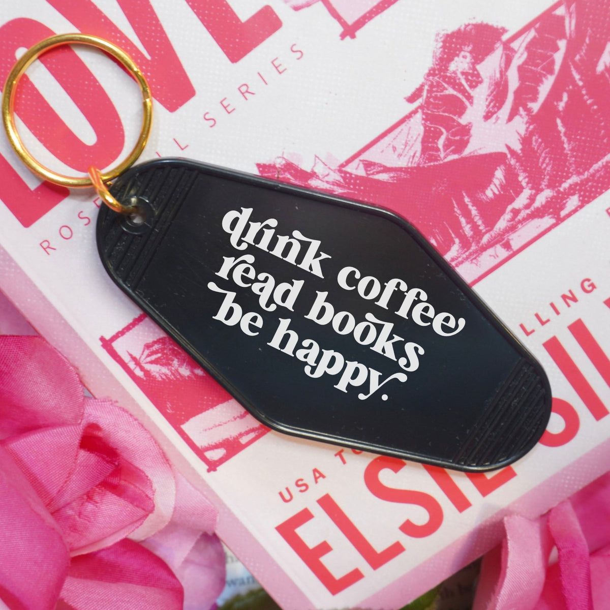 Drink Coffee Read Books Be Happy Retro Motel Keychain - Starry Skies Austin
