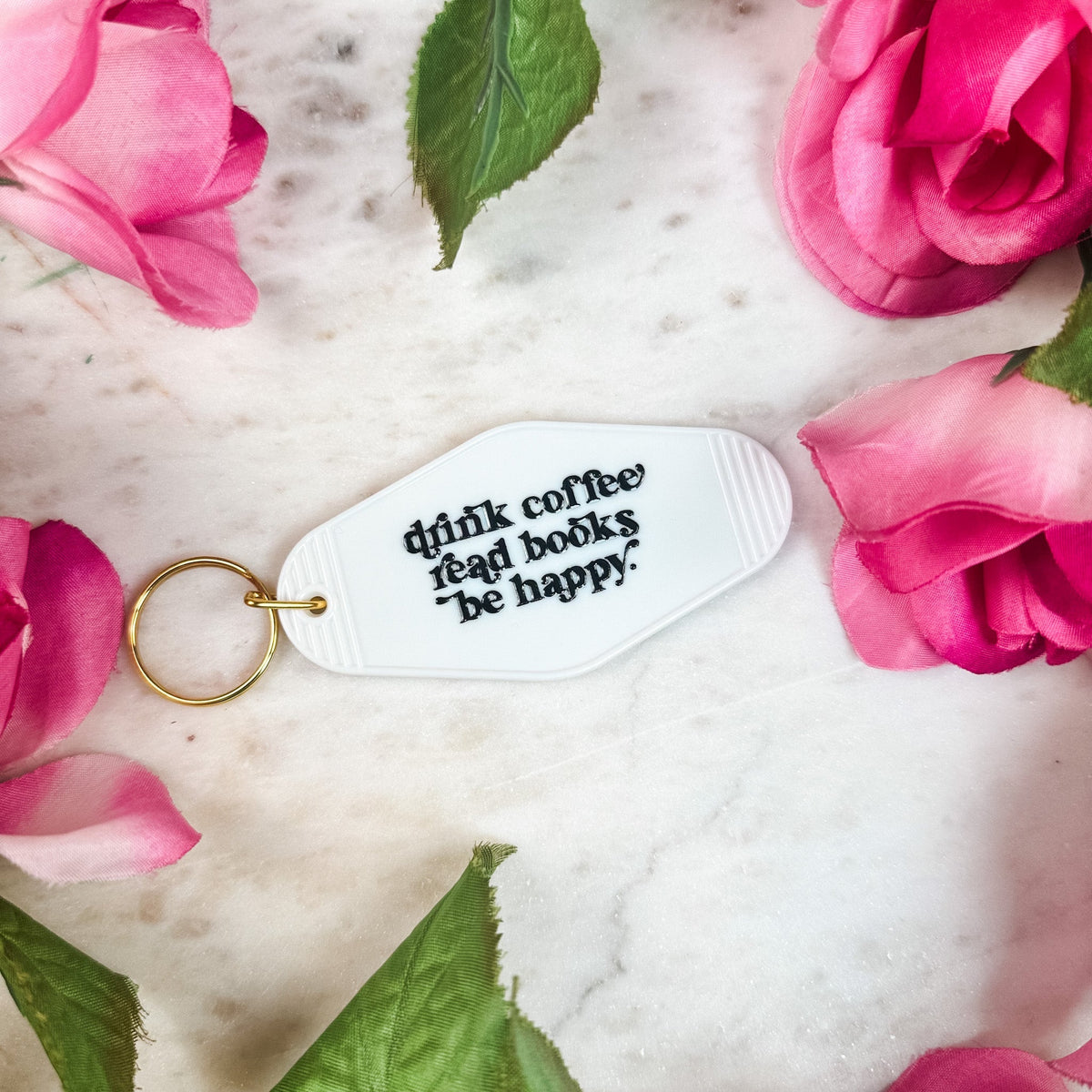 Drink Coffee Read Books Be Happy Retro Motel Keychain - Starry Skies Austin