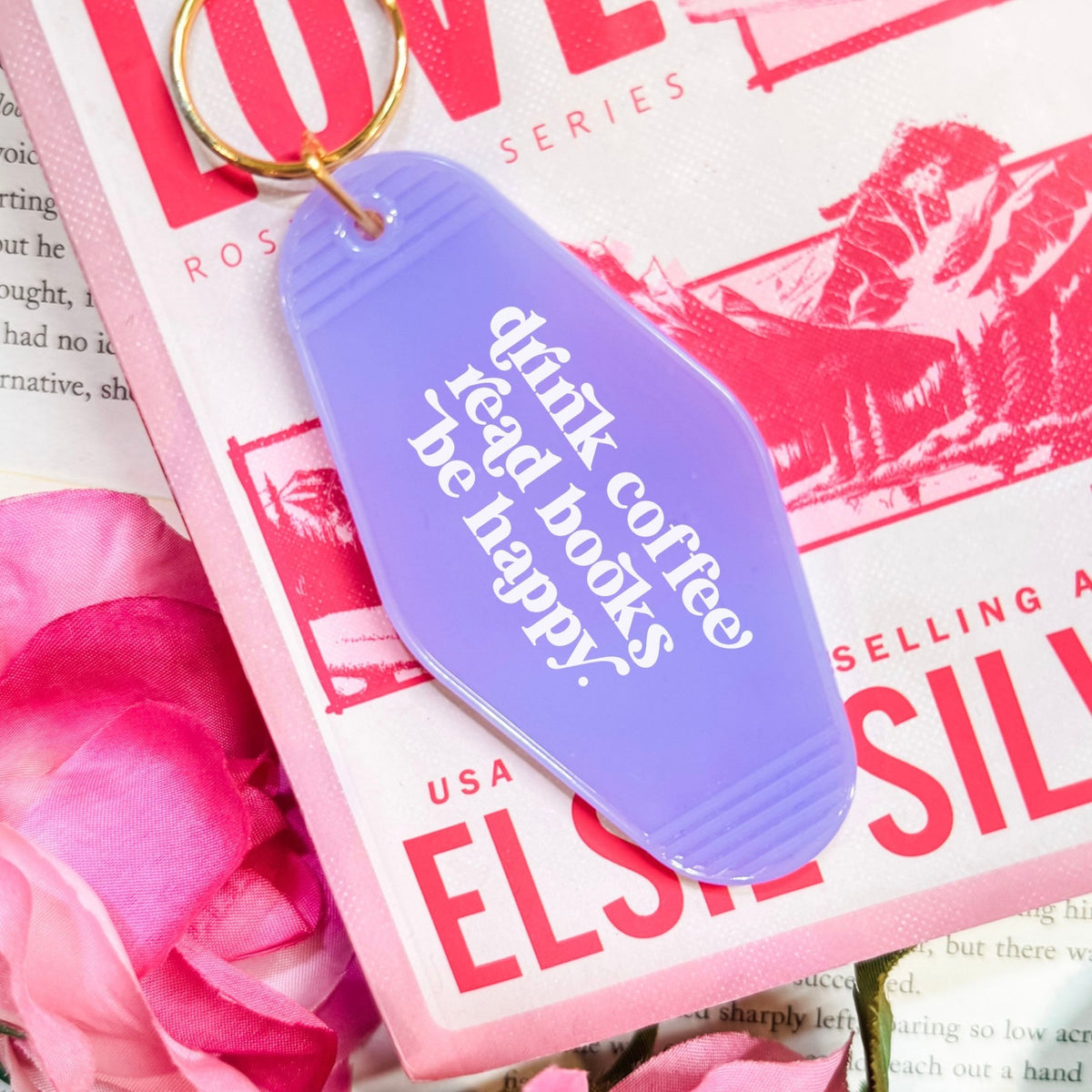 Drink Coffee Read Books Be Happy Retro Motel Keychain - Starry Skies Austin