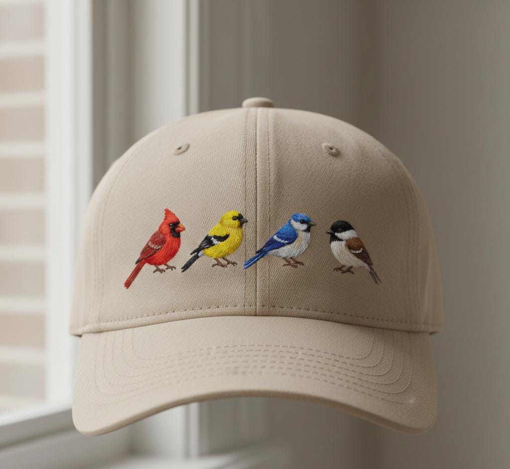 Embroidered Bird Cap - Beige Hat with Colorful Bird Design - Starry Skies Austin