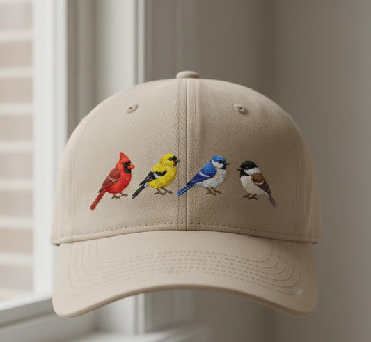 Embroidered Bird Cap - Beige Hat with Colorful Bird Design - Starry Skies Austin