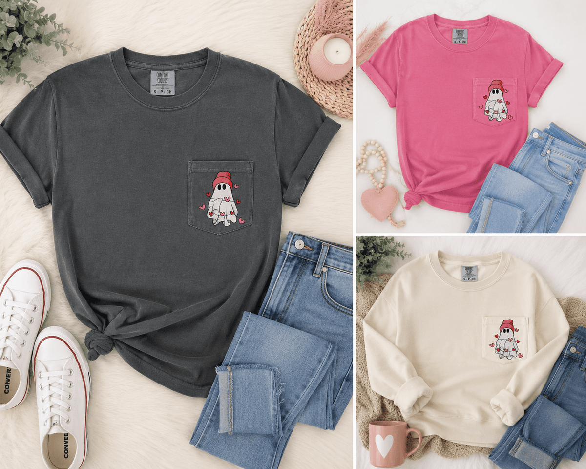 Embroidered Valentine Ghost Pocket Shirt | Comfort Colors - Starry Skies Austin