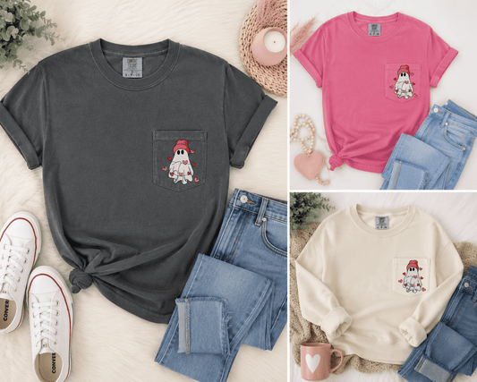 Embroidered Valentine Ghost Pocket Shirt | Comfort Colors - Starry Skies Austin